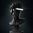 Concept illustration from 3D rendering of black metal classical head sculpture with white lights VR visor headset isolated on black background.