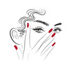 woman with red nails near the eyes