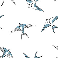 Seamless vector pattern with flock of birds on white background. Simple hand drawn swallow wallpaper design. Decorative bird sketch fashion textile.