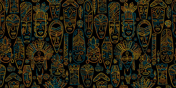Fototapete -  - Tribal mask. Ethnic background. Seamless pattern for your design