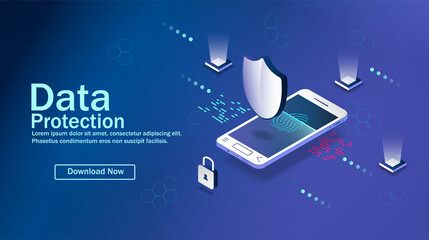 Poster - Cyber security, data protection, cyberattacks concept on blue background. Database security software development. Online security concept. Laptop protected with shield. Vector illustration