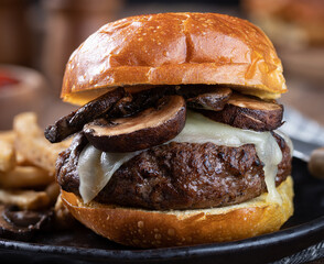 Wall Mural - Mushroom cheeseburger on a toasted bun