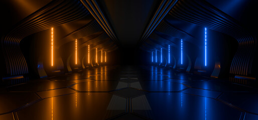 Fototapete - Sci Fy neon lamps in a dark corridor. Reflections on the floor and walls. 3d rendering image.
