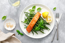 Grilled Salmon Fish Fillet And Green Beans With Lemon And Basil