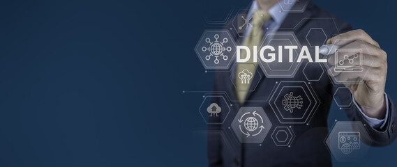 Poster - Digital transformation and digitalization technology concept. businessman uses virtual screen to manage business processes. blue wide banner