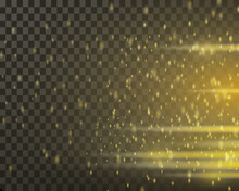 Light Effect. Abstract Laser Beams Of Light. Chaotic Neon Rays Of Light. Golden Sequins. Isolated On Transparent Background. Vector Illustration