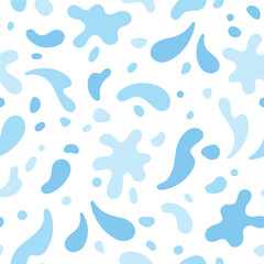 Aufkleber - Blue water shapes, splashes seamless repeat vector pattern. Uneven, fluid paint spots, splatters, blots, stains with rounded drops, blobs. Liquid watery elements background, endless illustration.
