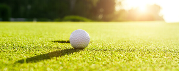 Wall Mural - Golf ball on the green grass near hole on a golf course at sunset