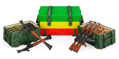 Weapons, military supplies with Rastafarian flag, concept. 3D rendering