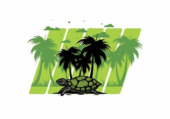 Wall Mural - Sea turtle under the coconut tree illustration