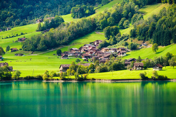Wall Mural - lungern, canton of obwalden, switzerland. a view of rural homes in a green meadow. a lake in a mount