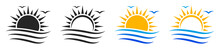 Set Of Sun And Sea Logotypes. Sunset Icon, Island And Sea Beach. Sun And Sea Wave Symbol. Vector Illustration.
