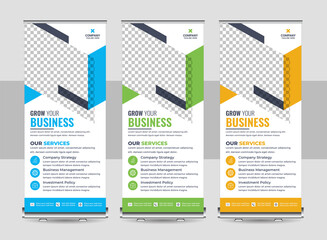 Wall Mural - Vector set of modern roll up banner stand design with blue green