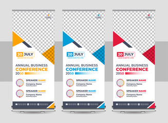 Wall Mural - Roll up banner stand template design, blue banner layout, advertisement, pull up, polygon background, vector illustration, business flyer, display, x-banner, flag-banner, infographics