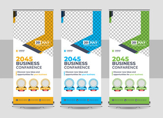 Wall Mural - Design of vector white roll-up banners with round, square, diagonal and triangular design elements and a place for photo