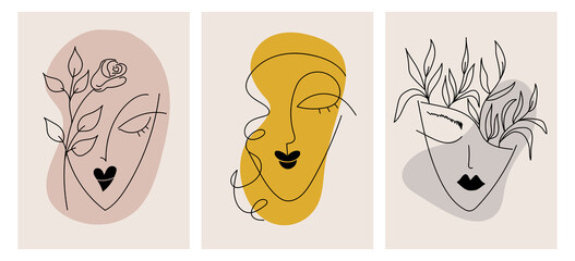 Wall Mural - Set of creative hand painted abstract faces in one line. Minimalistic vector icons: female portrait, flowers. For postcard, placard, placard, brochure, cover design, web.