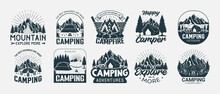 Set Of Camping Lettering, Adventure Isolated Hand Drawn Typography Design For Greeting Print Label Poster Vector Illustration