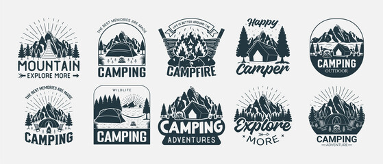 set of camping lettering, adventure isolated hand drawn typography design for greeting print label p