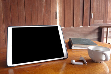 Fototapete - Cropped shot view of tablet and office desk table with the office equipments, and other office supplies on the modern space, flat lay.work at home.
