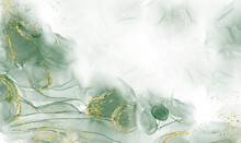 Green Watercolor Background Drawn By Brush. Green Paints Spilled On Paper. Golden Shiny Veins And Liquid Marble Texture. Fluid Art Luxury Wallpaper For Design, Print, Invitations.