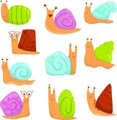 Set with funny snails with colored shells and different shapes