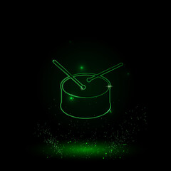  A large green outline drum symbol on the center. Green Neon style. Neon color with shiny stars. Vector illustration on black background
