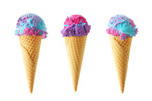 Three Cotton Candy Flavored Ice Cream Cones Isolated On A White Background. Pink, Blue And Purple Color.
