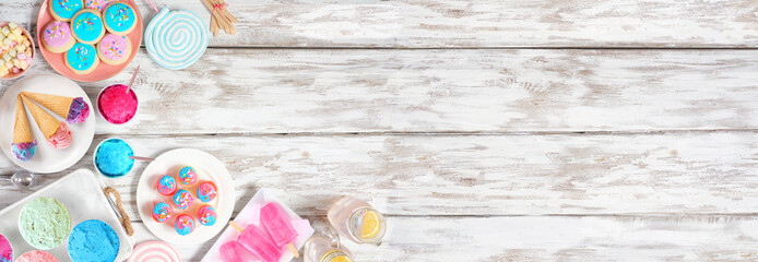 Poster - Pastel summer sweets corner border. Variety of ice cream, popsicles, cookies and treats. Top down view over a rustic white wood banner background. Copy space.