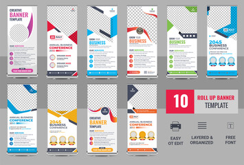 Wall Mural - design of vector white roll-up banners with round, square, diagonal and triangular design elements a
