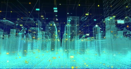 Poster - Aerial Drone Flight Hyperlapse Of Panoramic Skyline Of Metropolitan City Business Network Formation Futuristic Technology Ai 5g Network Drone Low Light 4k
