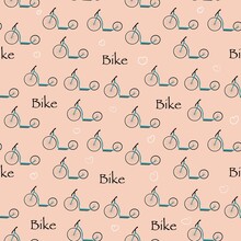 Seamless Pattern With Blue Retro Bike On Pink Background. Print With Extreme Sports Bicycle For Kids Design, Fabric, Wallpapers, Textile, Nursing, Paper, Books, Toys