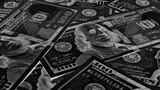 Fototapeta  - American paper money. 100 dollar and other US notes. Black and white wallpaper or background. Savings economy and the USA dollar. Dark inverted photos. Fed and federal funds rate