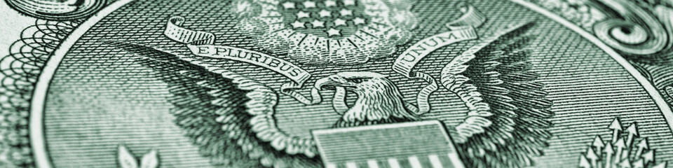 Wall Mural - 1 us dollar. fragment of banknote. reverse of bill with the great seal. the bald eagle is national s