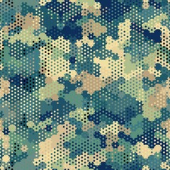 Canvas Print - Blue and beige halftones hexagon snake skin. Seamless geometric vector texture