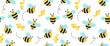 Bee pattern with cartoon bee characters, beehive and doodles. Seamless bee background. Summer and spring seamless pattern with flat style bee characters on white background. Vector illustration