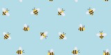 Fototapeta Do pokoju - Trendy hand drawn bee seamless background. Cute summer or spring pattern with flat style bees and blue background. Cartoon bee vector illustration