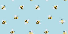Trendy Hand Drawn Bee Seamless Background. Cute Summer Or Spring Pattern With Flat Style Bees And Blue Background. Cartoon Bee Vector Illustration