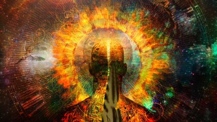 Wall Mural - burning aura. man with flamed halo and butterfly