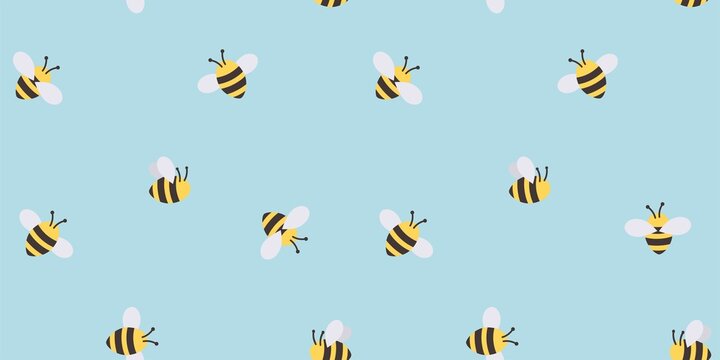Wall Mural - Trendy hand drawn bee seamless background. Cute summer or spring pattern with flat style bees and blue background. Cartoon bee vector illustration