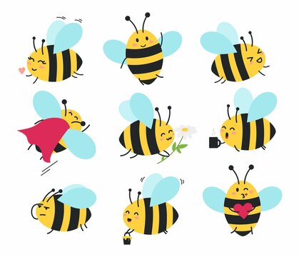 Wall Mural - Cartoon bee icon set vector illustration. Cute flat style bee character with different emotions. Kawaii flying emojii bee set. Happy, sad, angry, sleepy and bee with coffee.