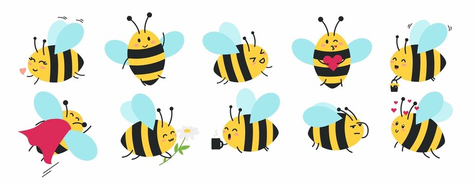Wall Mural - Cartoon bee icon set vector illustration. Cute flat style bee character with different emotions. Kawaii flying emojii bee set. Happy, sad, angry, sleepy and bee with coffee.
