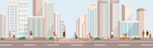 City Street With People Walking Along The Sidewalk. Panorama  Modern City With Buildings, Road, Trees.