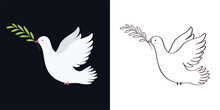 Flying Dove With Olive Branch, Symbol Peace. Pigeon Sign.