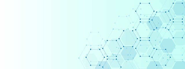 Poster - Vector blue background frame. Design plexus of geometric shapes. Texture of hexagons with dots. Digital communication cells. Neural network. Banner technology, medicine, business, social networks.