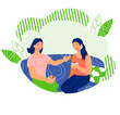 © Мария Гисина - Friend girls two women drinking coffee and chatting lively. Leisure time at home and friendly communication, people relationships and friendship. Flat vector illustration isolated.