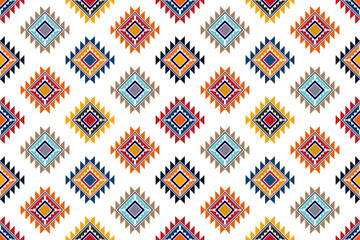 Wall Mural - Geometric abstract Ikat ethnic seamless pattern design. Aztec fabric carpet mandala ornaments textile decorations wallpaper. Tribal boho native ethnic turkey traditional embroidery vector background 