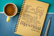copywriting word cloud  - handwriting in a notebook with a cup of coffee, business, brand and marketing concept