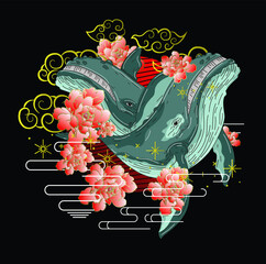 whale illustration with japanese style