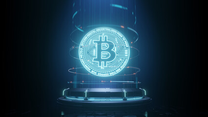 Poster - 3d rendering of glowing bit coin (btc) with futuristic sci fi hologram background. for crypto curren