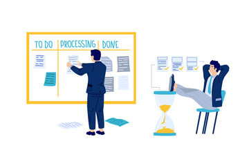 Poster - Time management. People planning office work and strategy. Tasks priority and agenda control. Kanban and hourglass. Schedule planner. Men working effective. Vector goals organization